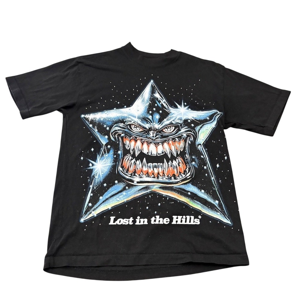 Lost in the Hills Graphic T-Shirt Small Black Y2K Streetwear Edgy Star Print USA